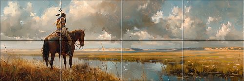 Native American man on horseback by the lake – western-style ceramic tile mural